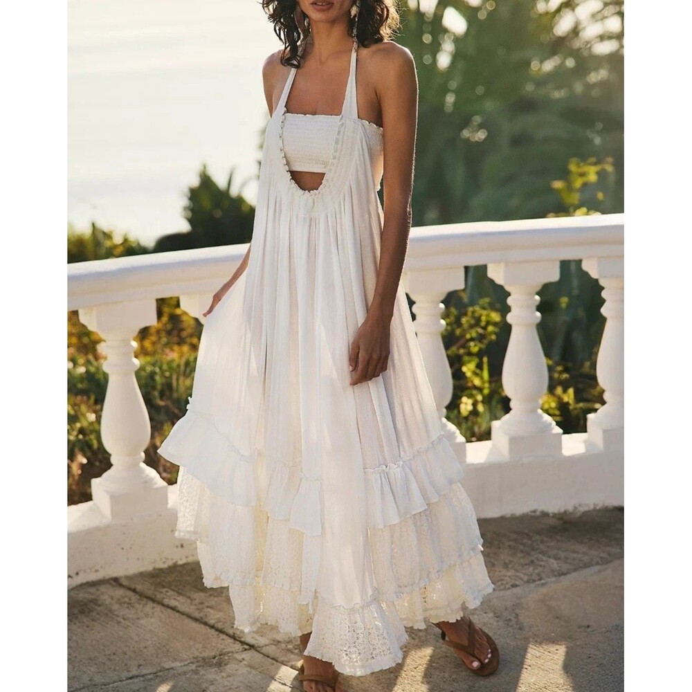 Free People Free-Est Kauri Maxi Dress Gauze Smocked Halter Tiered Lace S 287751 - Picture 2 of 9